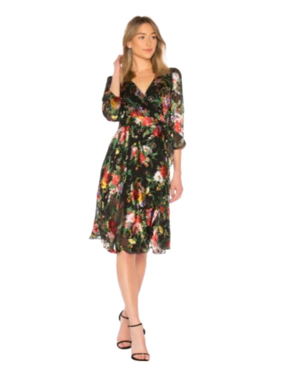 NWT Alice + Olivia Abney Wrap Midi Dress Womens 8 Black Red Floral V-Neck NEW - Picture 2 of 11